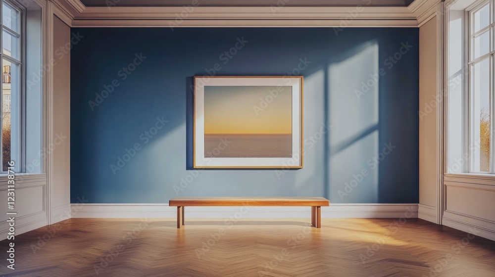 Sunlit gallery, artwork displayed, wooden bench, parquet floor Sunlit gallery, artwork displayed, wooden bench, parquet floor