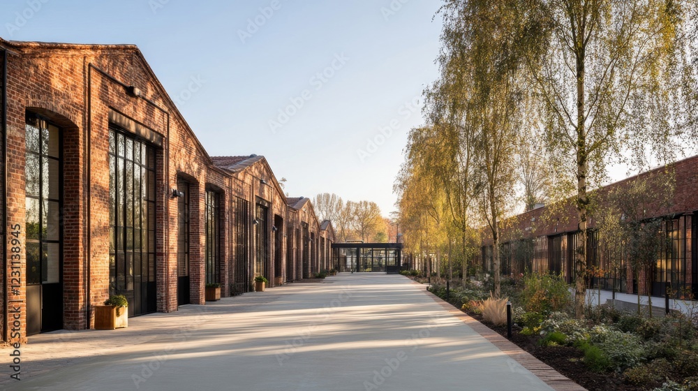 Pathway Through Red Brick Industrial Buildings on Sunny Autumn Day Pathway Through Red Brick Industrial Buildings on Sunny Autumn Day