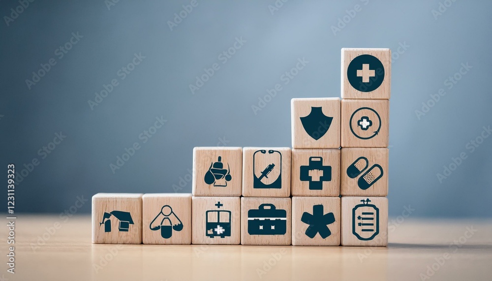 Health insurance and medical care concept. A set of wooden blocks displaying health-related. wooden alphabet blocks spell out Health insurance and medical care concept. A set of wooden blocks displaying health-related. wooden alphabet blocks spell out
