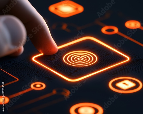 fingerprint anti biometri, anonymity tracking concept. Futuristic interface with finger pressing glowing orange button. photo