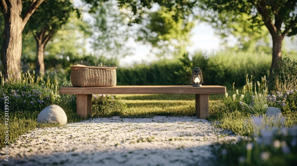 Peaceful park bench picnic scene, sunrise Peaceful park bench picnic scene, sunrise