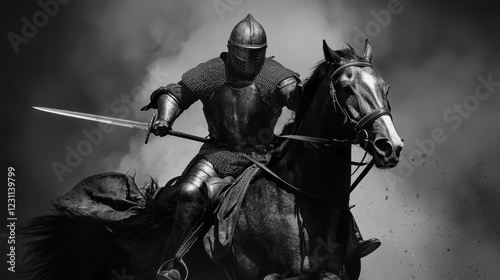 Brave Knight on Horseback Charging Through Dark Smoke Clouds