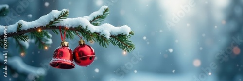 Snow covered branch with small Christmas bells hanging like tiny ornaments in the air, snowfall, seasonal decorations photo