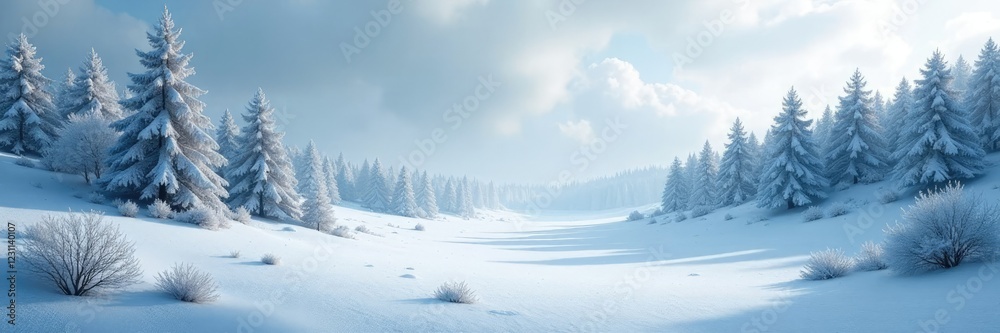 The landscape is painted in shades of white and gray with a hint of blue, icy, woodland The landscape is painted in shades of white and gray with a hint of blue, icy, woodland