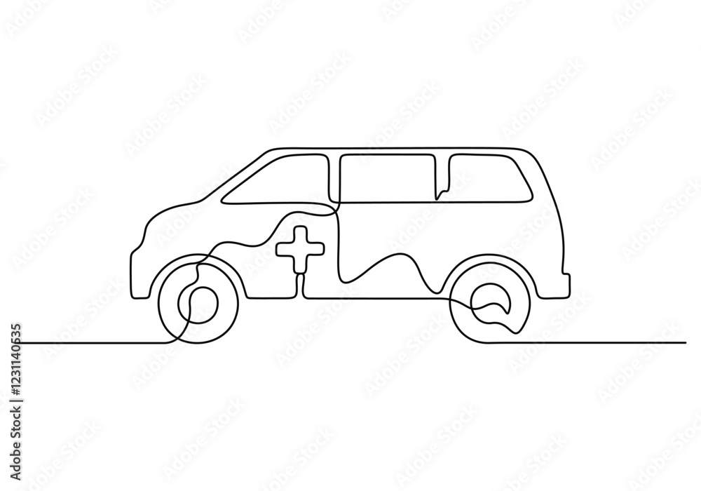 Fototapeta premium Ambulance car continuous one line drawing. Isolated on white background vector illustration