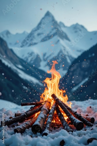 Snowflakes gently fall on a funeral pyre in the mountains, solitude, pyre, mountains photo