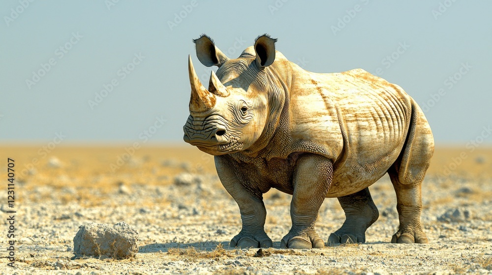 Fototapeta premium A rhino is standing in a desert with a dry, barren landscape. Generative AI