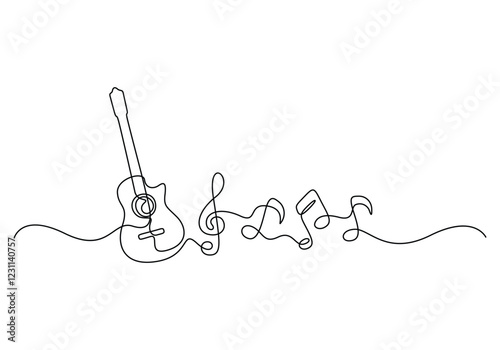 Abstract guitar as continuous one line drawing on white background. Vector illustration