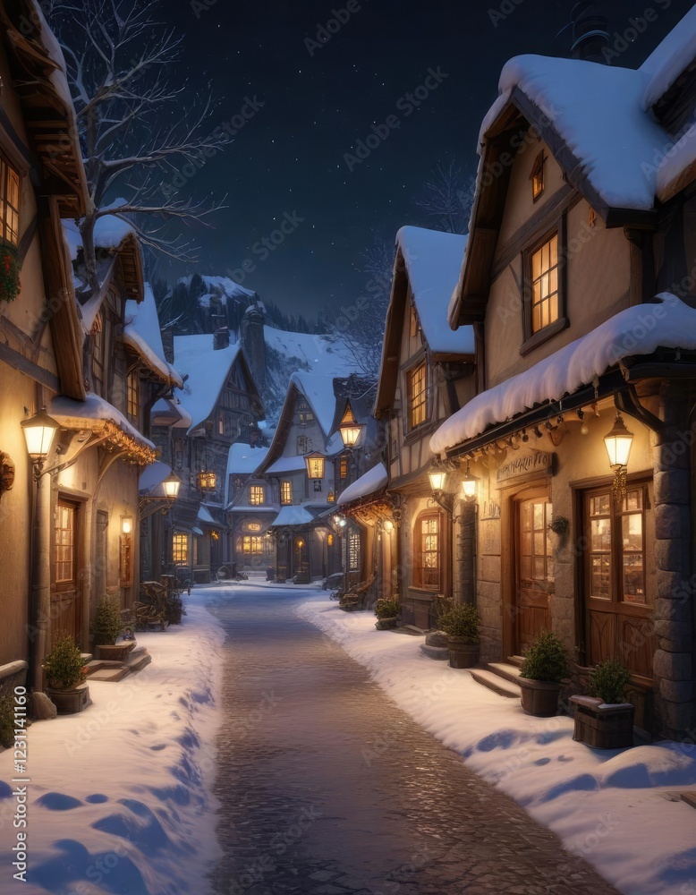 Naklejka premium Snowy village with quaint shops and warm lighting, winter wonderland, magical night