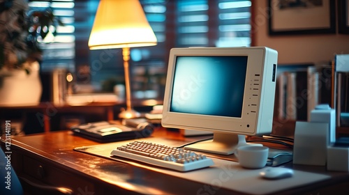 Wallpaper Mural Realistic Home Office Setup with Personal Computer and Desk Lamp Torontodigital.ca