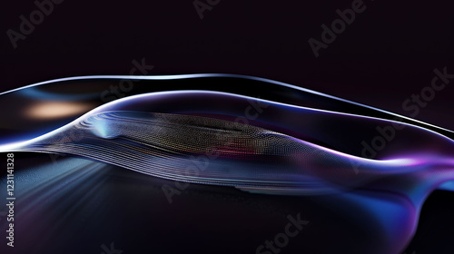 Holographic glowing lines curving gracefully on a sleek black surface, forming futuristic patterns