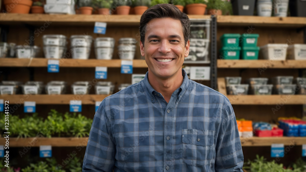 A friendly man smiles warmly in a plant shop, surrounded by shelves of gardening supplies and greenery. A friendly man smiles warmly in a plant shop, surrounded by shelves of gardening supplies and greenery.