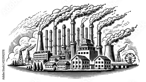 industrial factory with multiple smokestacks emitting smoke engraving black and white outline