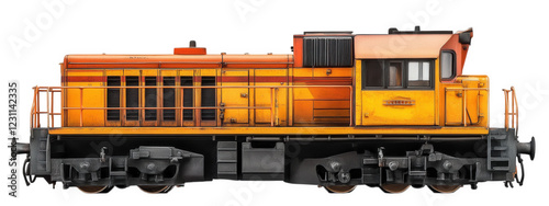Diesel locomotive in bright orange color, isolated on transparency background, showcasing its industrial design and features. Perfect for transportation and engineering themes