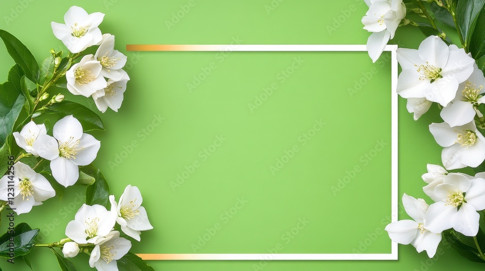 Fototapeta premium Elegant White Flowers on Green Background with Frame Design