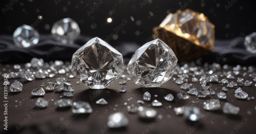 Sparkling diamonds and crystals scattered on a velvet background, high shine, decorative pattern Sparkling diamonds and crystals scattered on a velvet background, high shine, decorative pattern