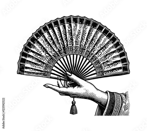 female hand holding an open traditional fan engraving black and white outline