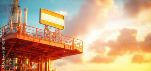 A vibrant oil rig silhouetted against a stunning sunset, showcasing industrial architecture and an expansive sky filled with colorful clouds.