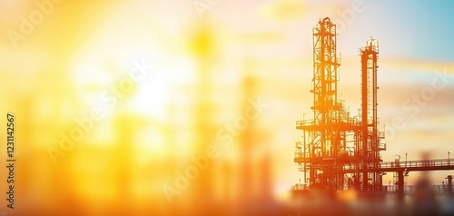 A glowing oil rig silhouette against a vibrant sunset, symbolizing the energy industry's impact on the environment and economy.