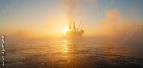 A serene view of an oil rig silhouetted against a vibrant sunrise, surrounded by fog on a tranquil sea.