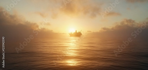 An oil rig the shimmering ocean at sunset, surrounded by soft clouds and a warm golden glow.