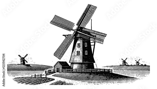 traditional windmill engraving black and white outline