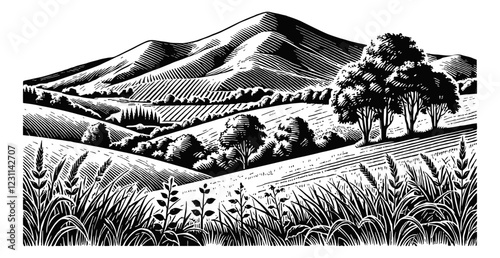 rural landscape with rolling hills engraving black and white outline