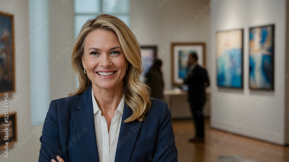 A smiling woman in a navy blazer stands confidently in an art gallery, showcasing her expertise and passion for art. A smiling woman in a navy blazer stands confidently in an art gallery, showcasing her expertise and passion for art.