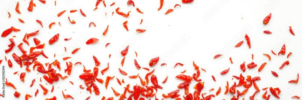 Spicy red pepper flakes scattered on a clean white surface, food garnish, decorative element, kitchen decor Spicy red pepper flakes scattered on a clean white surface, food garnish, decorative element, kitchen decor