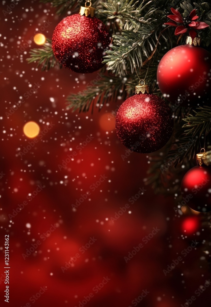Beautiful winter backdrop displaying red baubles accented by fresh fir greenery. Beautiful winter backdrop displaying red baubles accented by fresh fir greenery.