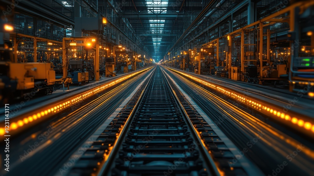 Industrial Railroad Tracks in a Factory at Night Industrial Railroad Tracks in a Factory at Night