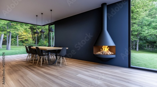 Modern Interior with Stylish Fireplace and Scenic Outdoor View
