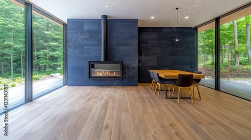 Modern interior design with fireplace and dining table in nature