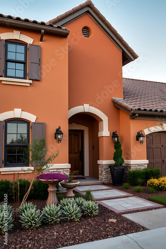 Mediterranean-Style Home Exterior: Orange Stucco, Landscaping, and Stone Accents