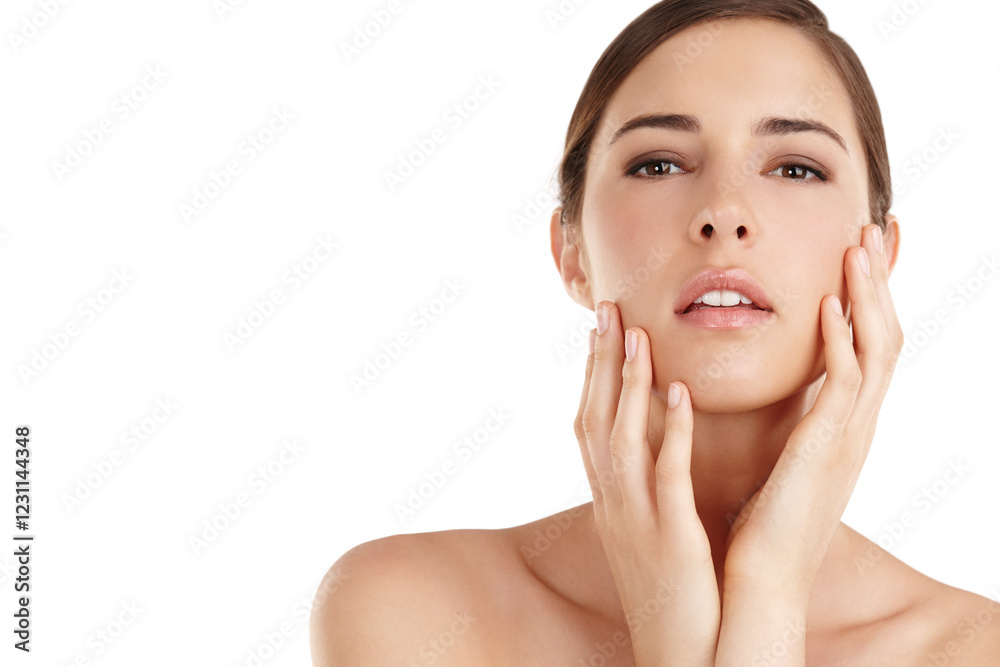 Skincare, woman and portrait for beauty in studio with collagen treatment, skin hydration and glowing results. Mockup space, person and confidence with cosmetics on white background for self care Skincare, woman and portrait for beauty in studio with collagen treatment, skin hydration and glowing results. Mockup space, person and confidence with cosmetics on white background for self care