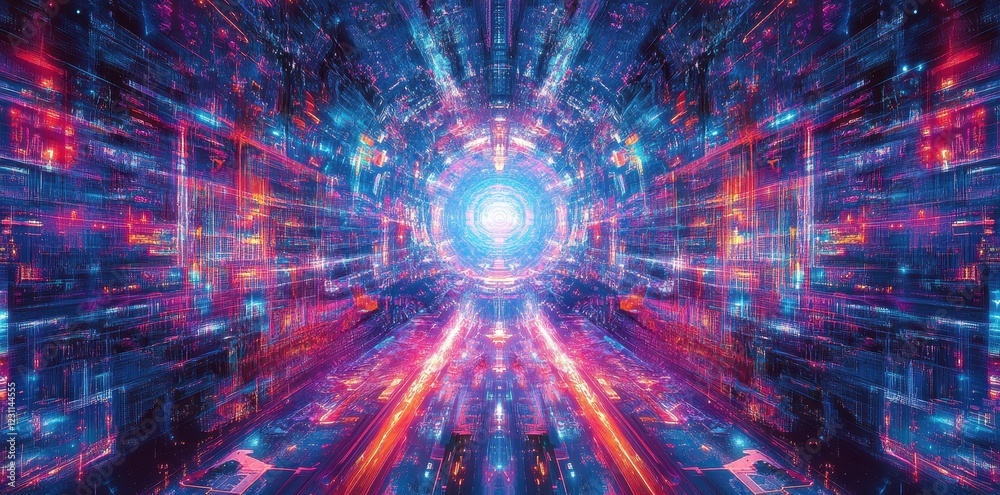 Obraz premium Abstract Digital Tunnel Of Vivid Neon Lights And Data Streams