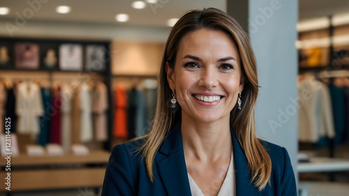 Wallpaper Mural Confident businesswoman smiles in a retail store setting, showcasing success and professionalism. Torontodigital.ca