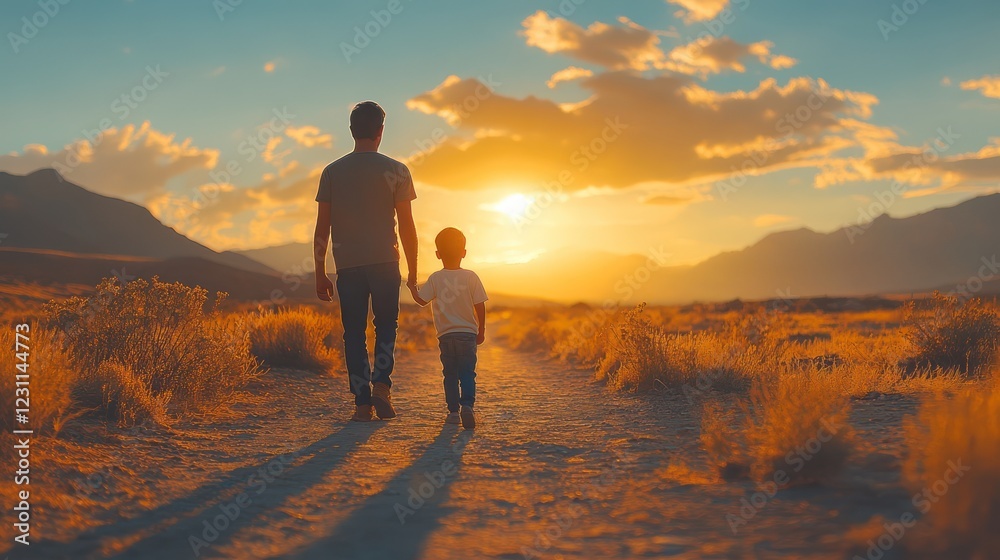 Fototapeta premium Sunset Stroll: Father and Son on a Scenic Path