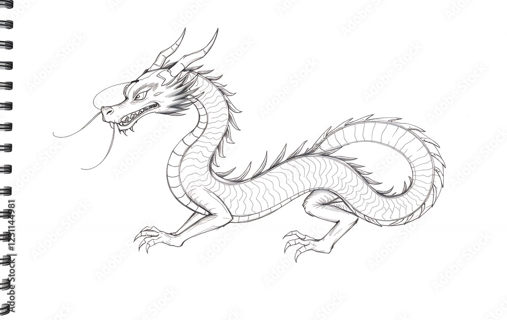 Obraz premium Line Art of a Flying Dragon with Detailed Wings and Fierce Expression Generative AI