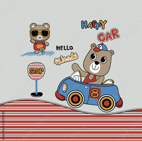Cute animal character traveling in a car on a joyful road trip. Vector illustration.

