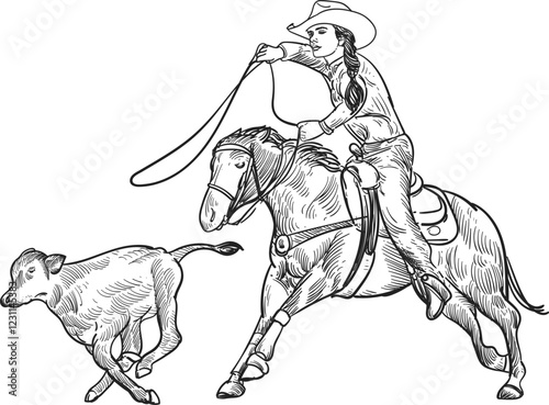 hand drawn artwork cowgirl swinging lasso to catch a calf