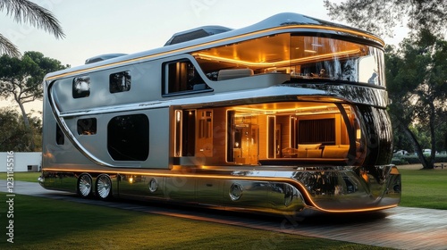 Luxury Motorhome with Warm Interior Lighting at Dusk