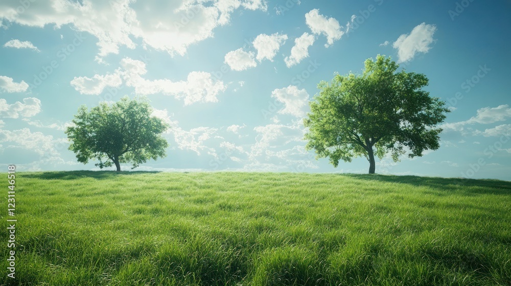 Sunny Meadow Two Trees, Peaceful Landscape, Idyllic Scene Sunny Meadow Two Trees, Peaceful Landscape, Idyllic Scene