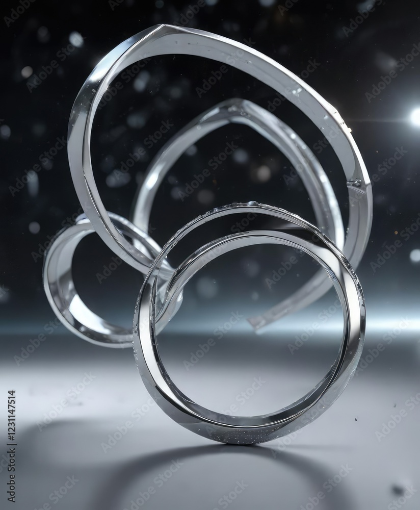 Shimmering silver ring shapes floating in space , astral projection, galaxy-inspired Shimmering silver ring shapes floating in space , astral projection, galaxy-inspired