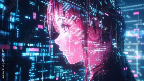 Wallpaper Mural Digital Portrait of a Girl Surrounded by Neon Data Streams Torontodigital.ca