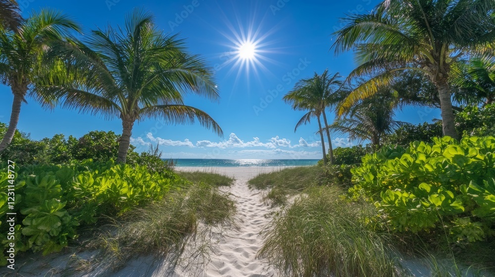Fototapeta premium Sun in blue sky and palm trees gateway to white sand beach