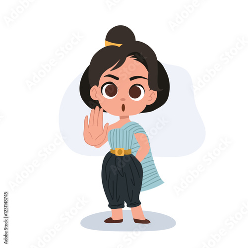 adorable thai girl wearing traditional dress making a hand stop gesture