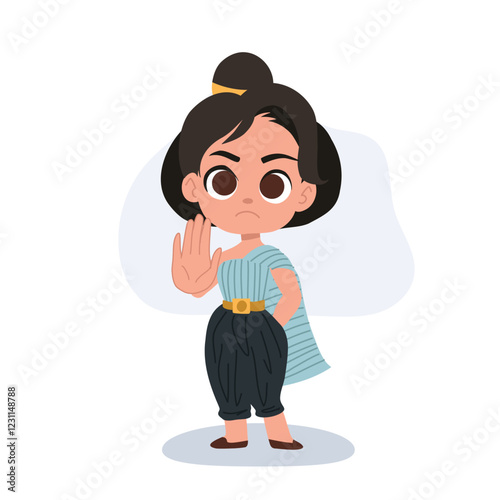 adorable thai girl wearing traditional dress making a hand stop gesture