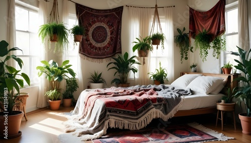 living room interior, Cozy Bedroom with Bohemian Style and Vintage Accents
