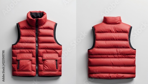 Wallpaper Mural a RED puffer vest. It is a sleeveless vest with a high collar and a zipper closure. The vest is made of a quilted material and has two pockets on the front. Torontodigital.ca